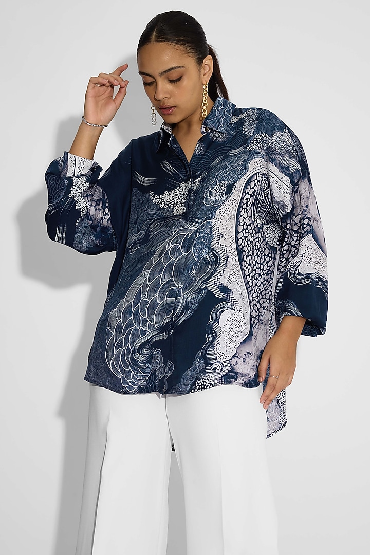 Obsidian Blue Bemberg Twill Pintuck Shirt by Shasha Gaba at Pernia's Pop Up Shop