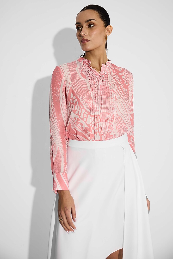 Baby Pink Bemberg Twill Printed Pintuck Shirt by Shasha Gaba at Pernia's Pop Up Shop