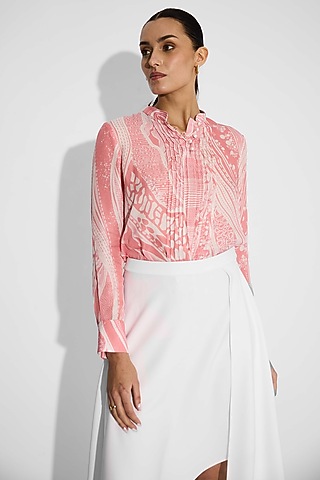 Baby Pink Bemberg Twill Printed Pintuck Shirt by Shasha Gaba