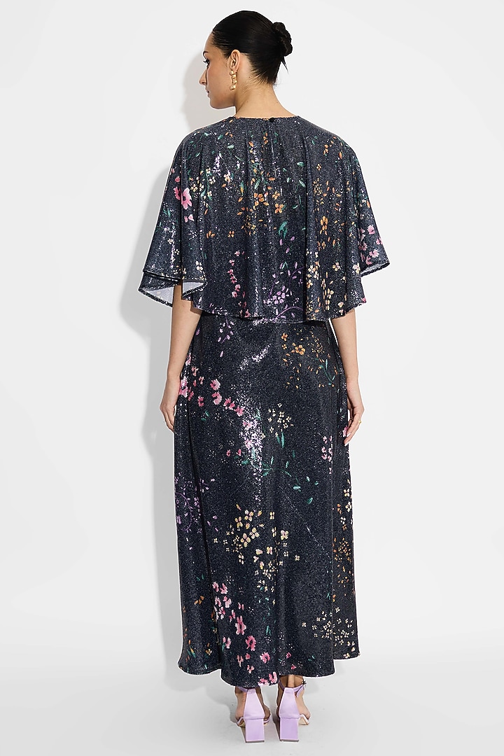 Black Transparent Poly Sequin Floral Vacation Dress With Cape by Shasha Gaba at Pernia's Pop Up Shop