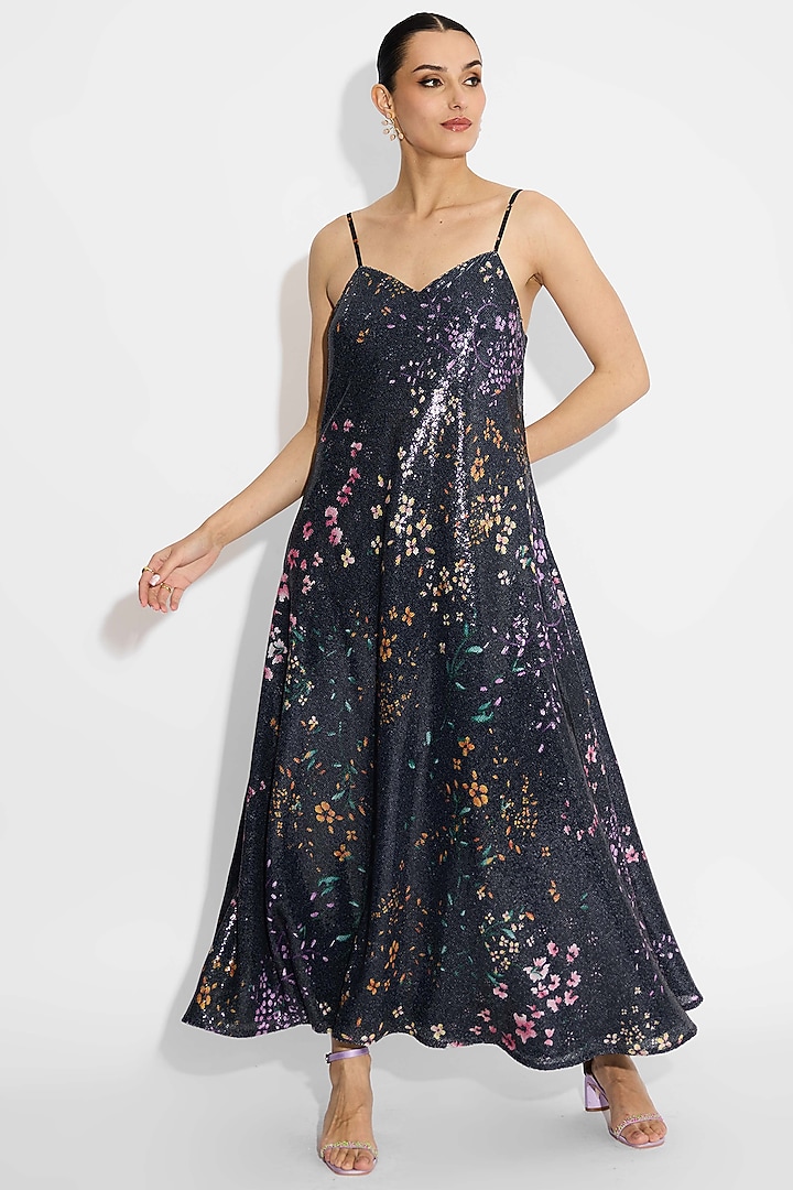 Black Transparent Poly Sequin Floral Vacation Dress With Cape by Shasha Gaba at Pernia's Pop Up Shop