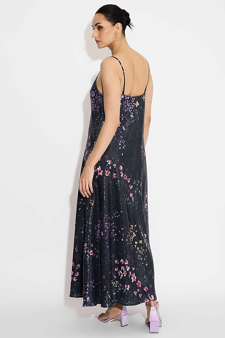 Black Transparent Poly Sequin Floral Vacation Dress With Cape by Shasha Gaba at Pernia's Pop Up Shop