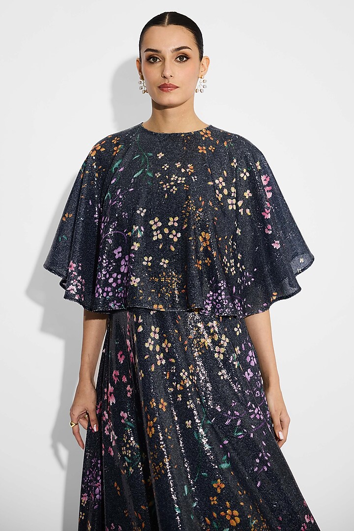 Black Transparent Poly Sequin Floral Vacation Dress With Cape by Shasha Gaba at Pernia's Pop Up Shop