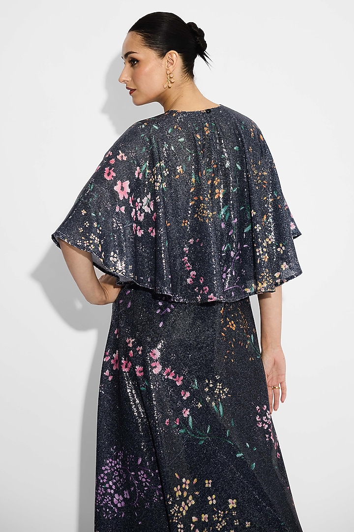 Black Transparent Poly Sequin Floral Vacation Dress With Cape by Shasha Gaba at Pernia's Pop Up Shop