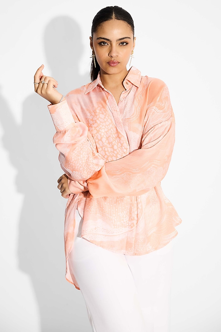 Peach Bemberg Twill Printed High-Low Shirt by Shasha Gaba at Pernia's Pop Up Shop