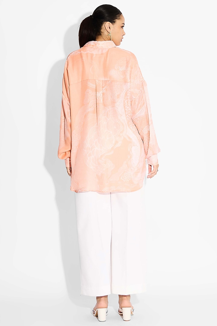 Peach Bemberg Twill Printed High-Low Shirt by Shasha Gaba at Pernia's Pop Up Shop