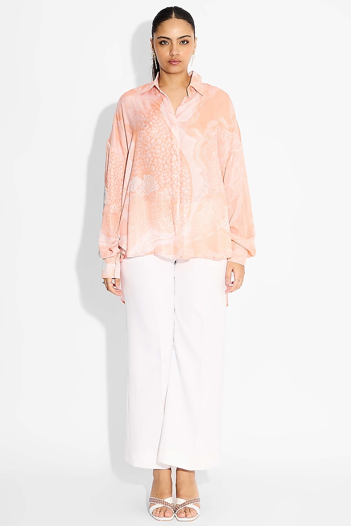 Peach Bemberg Twill Printed High-Low Shirt by Shasha Gaba at Pernia's Pop Up Shop