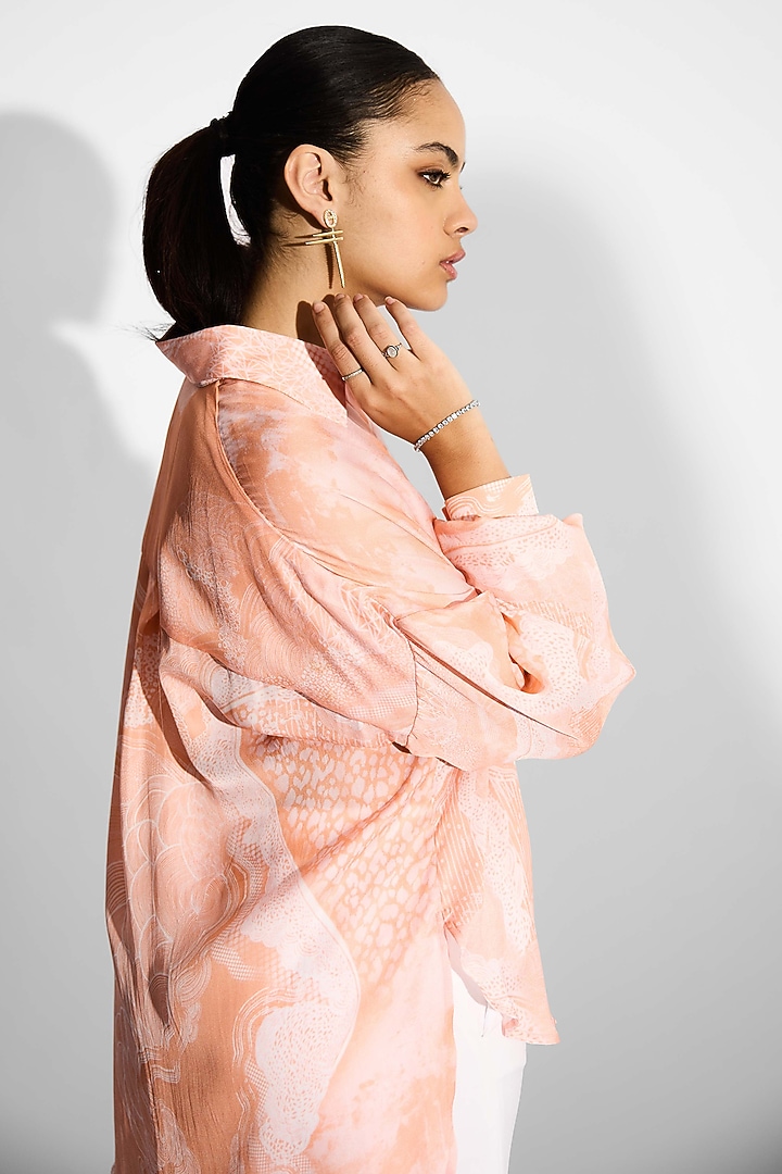 Peach Bemberg Twill Printed High-Low Shirt by Shasha Gaba at Pernia's Pop Up Shop