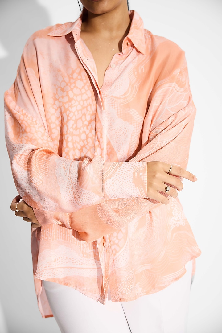 Peach Bemberg Twill Printed High-Low Shirt by Shasha Gaba at Pernia's Pop Up Shop