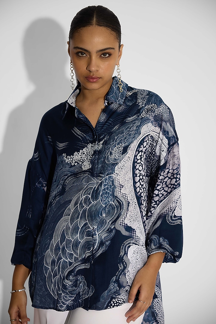 Obsidian Blue  Bemberg Twill Printed Shirt by Shasha Gaba at Pernia's Pop Up Shop