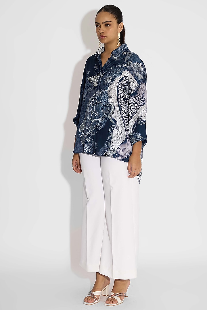 Obsidian Blue Bemberg Twill Printed Shirt by Shasha Gaba at Pernia's Pop Up Shop