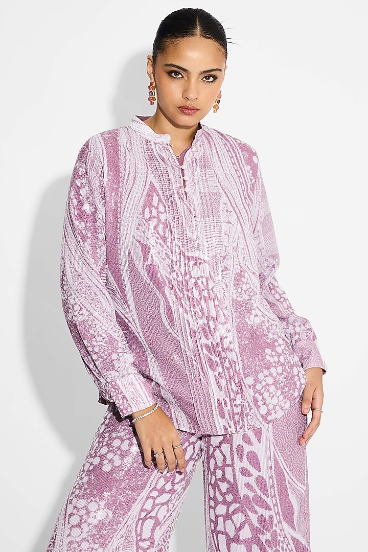Light Mauve Transparent Poly sequin Printed Shirt by Shasha Gaba at Pernia's Pop Up Shop