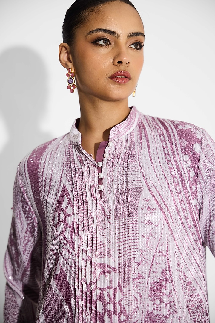 Light Mauve Transparent Poly sequin Printed Shirt by Shasha Gaba at Pernia's Pop Up Shop