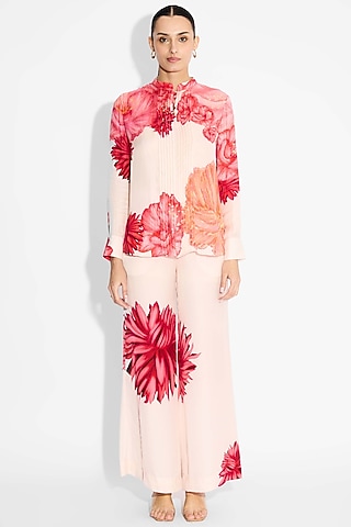 Pale Pink Bemberg Twill Floral Printed Pintuck Shirt by Shasha Gaba