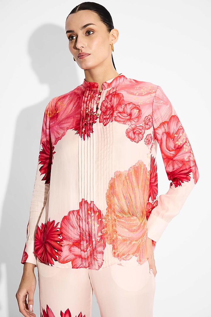 Pale Pink Bemberg Twill Floral Printed Pintuck Shirt by Shasha Gaba at Pernia's Pop Up Shop