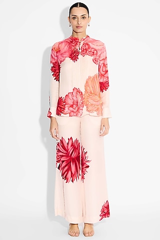 Pale Pink Bemberg Twill Floral Straight Pant by Shasha Gaba