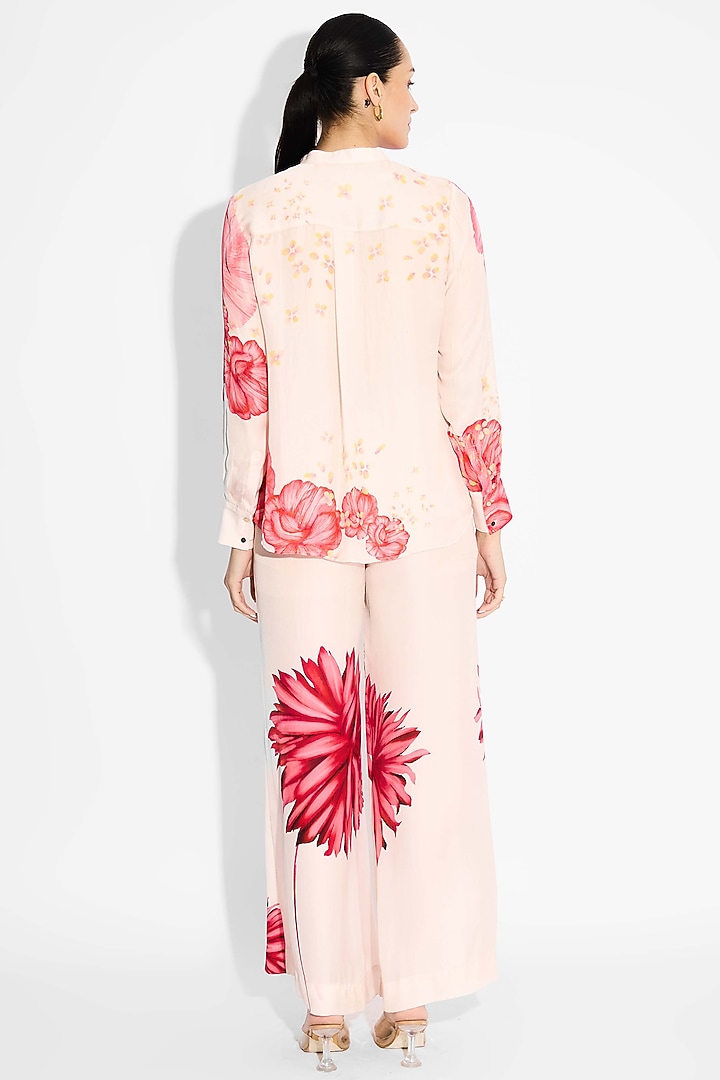 Pale Pink Bemberg Twill Floral Straight Pant by Shasha Gaba at Pernia's Pop Up Shop