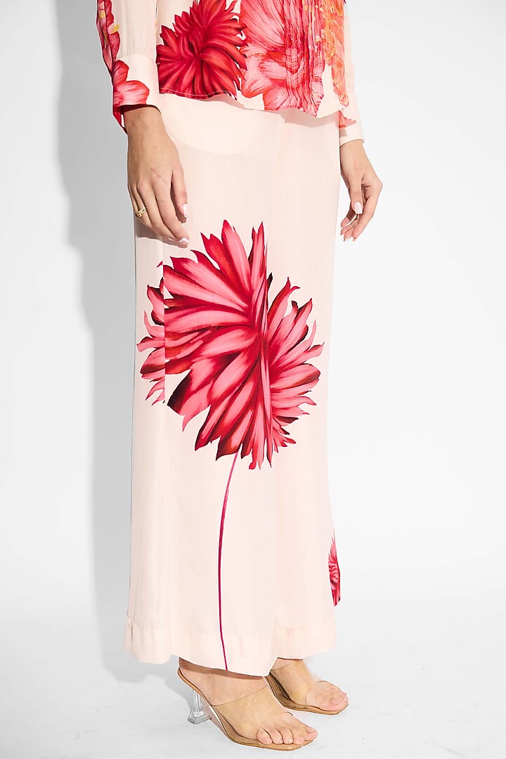 Pale Pink Bemberg Twill Floral Straight Pant by Shasha Gaba at Pernia's Pop Up Shop