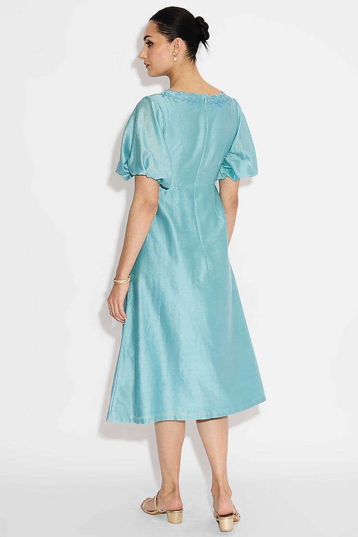 Mist Aqua Poly Chanderi Applique Vacation Dress by Shasha Gaba at Pernia's Pop Up Shop