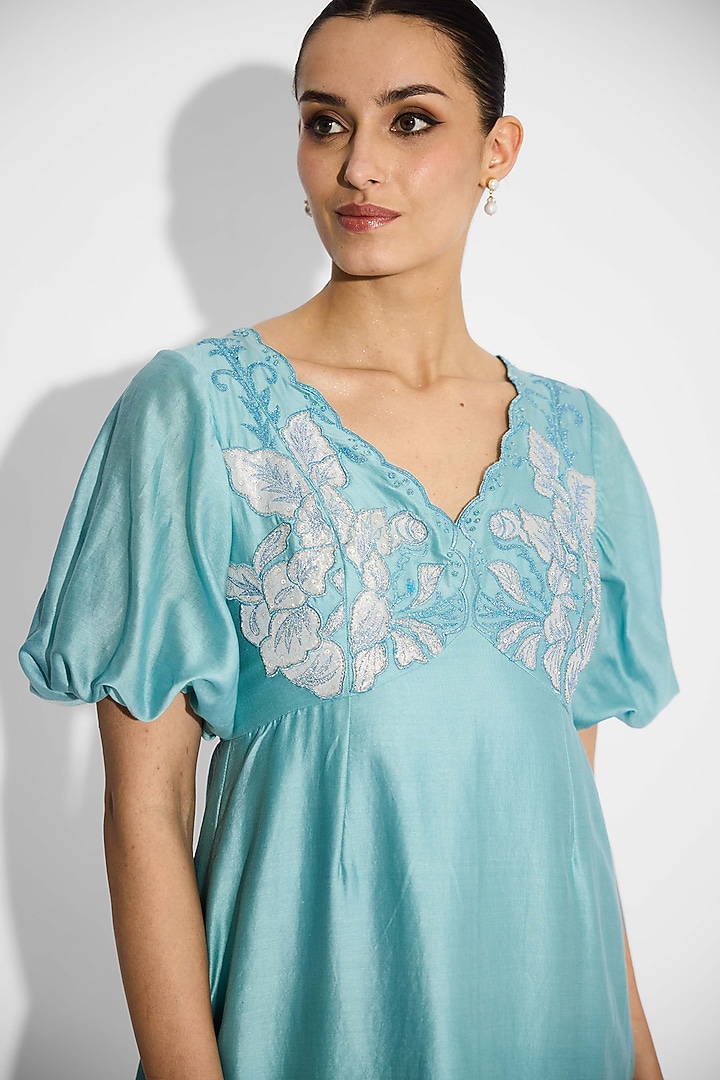 Mist Aqua Poly Chanderi Applique Vacation Dress by Shasha Gaba at Pernia's Pop Up Shop