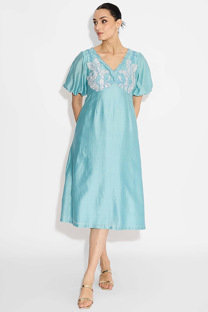 Mist Aqua Poly Chanderi Applique Vacation Dress by Shasha Gaba at Pernia's Pop Up Shop