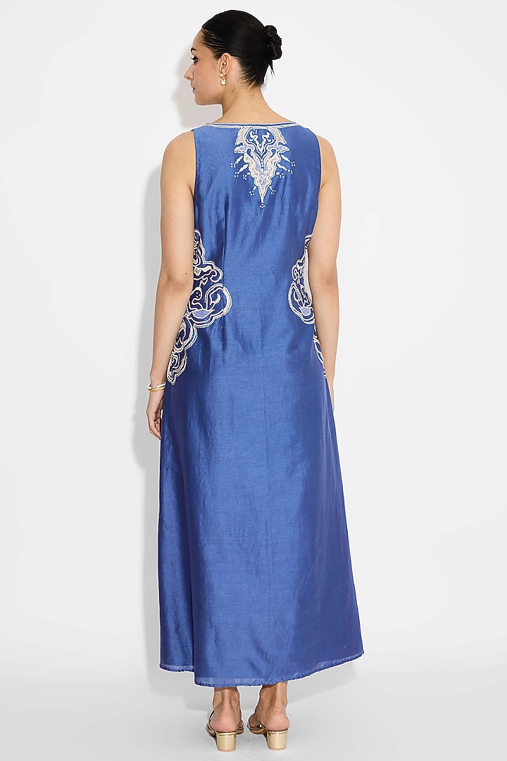 Indigo Blue Poly Chanderi Embellished Vacation Dress by Shasha Gaba at Pernia's Pop Up Shop