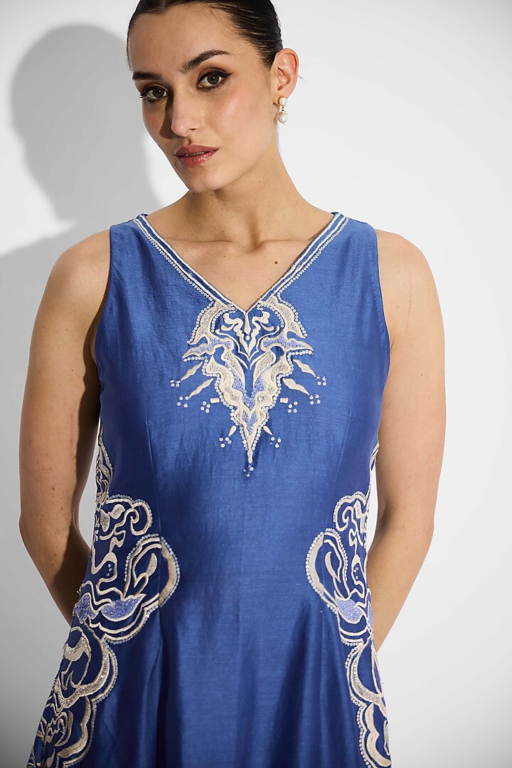 Indigo Blue Poly Chanderi Embellished Vacation Dress by Shasha Gaba at Pernia's Pop Up Shop
