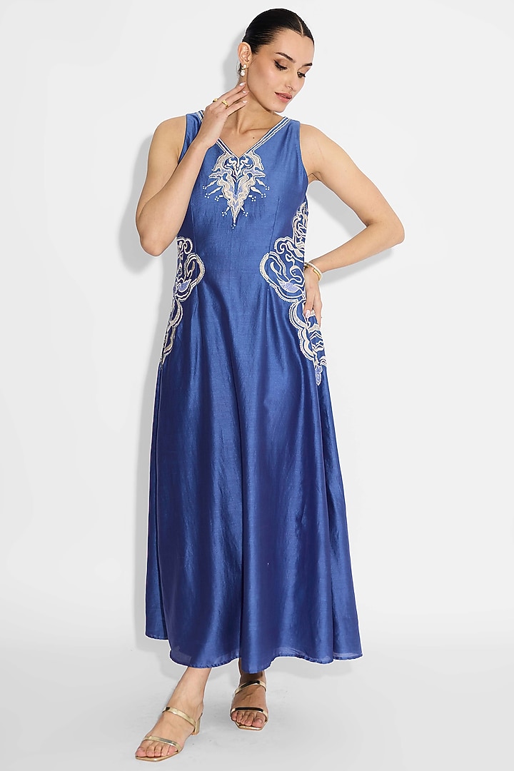 Indigo Blue Poly Chanderi Embellished Vacation Dress by Shasha Gaba at Pernia's Pop Up Shop