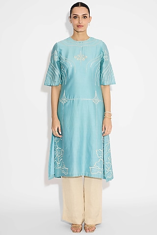 Mist Aqua Poly Chanderi Kurta by Shasha Gaba
