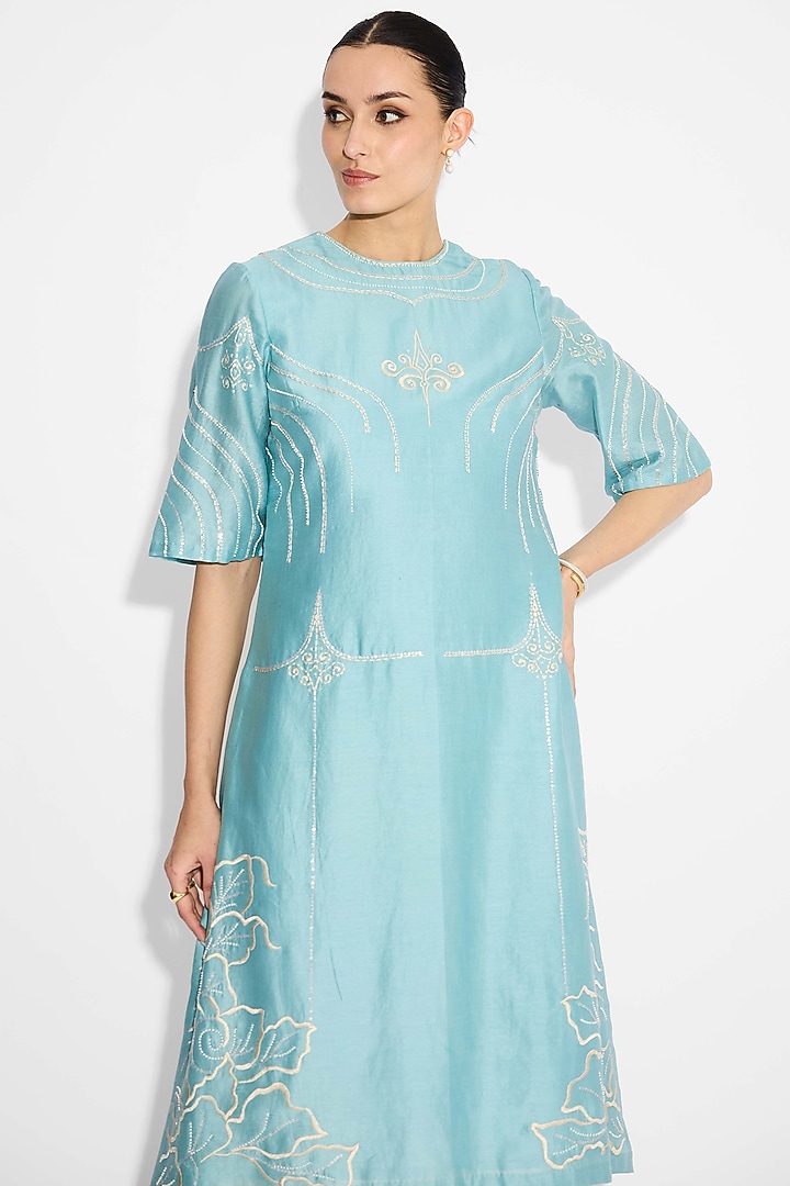 Mist Aqua Poly Chanderi Kurta by Shasha Gaba at Pernia's Pop Up Shop