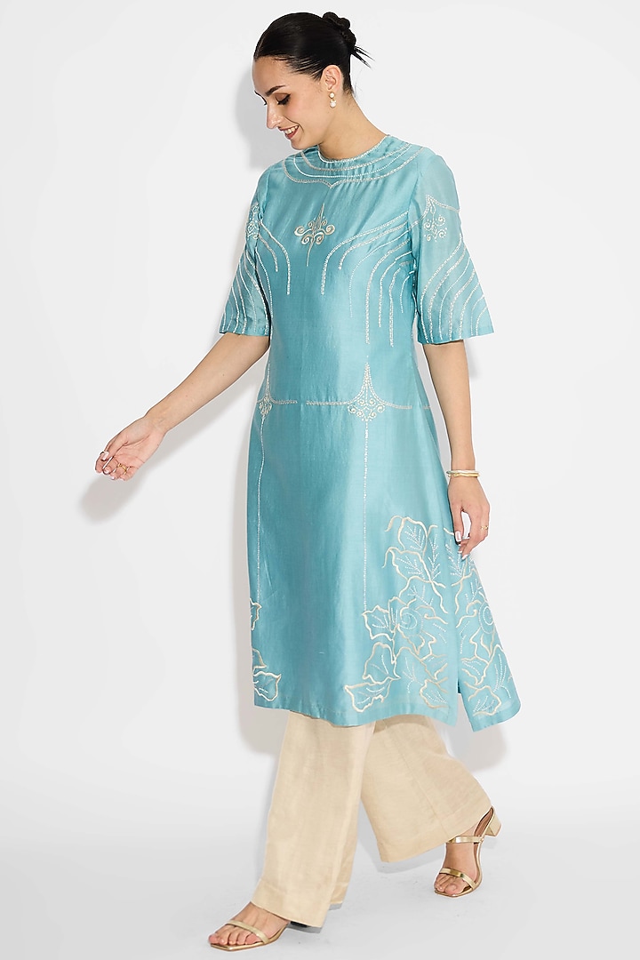Mist Aqua Poly Chanderi Kurta by Shasha Gaba at Pernia's Pop Up Shop