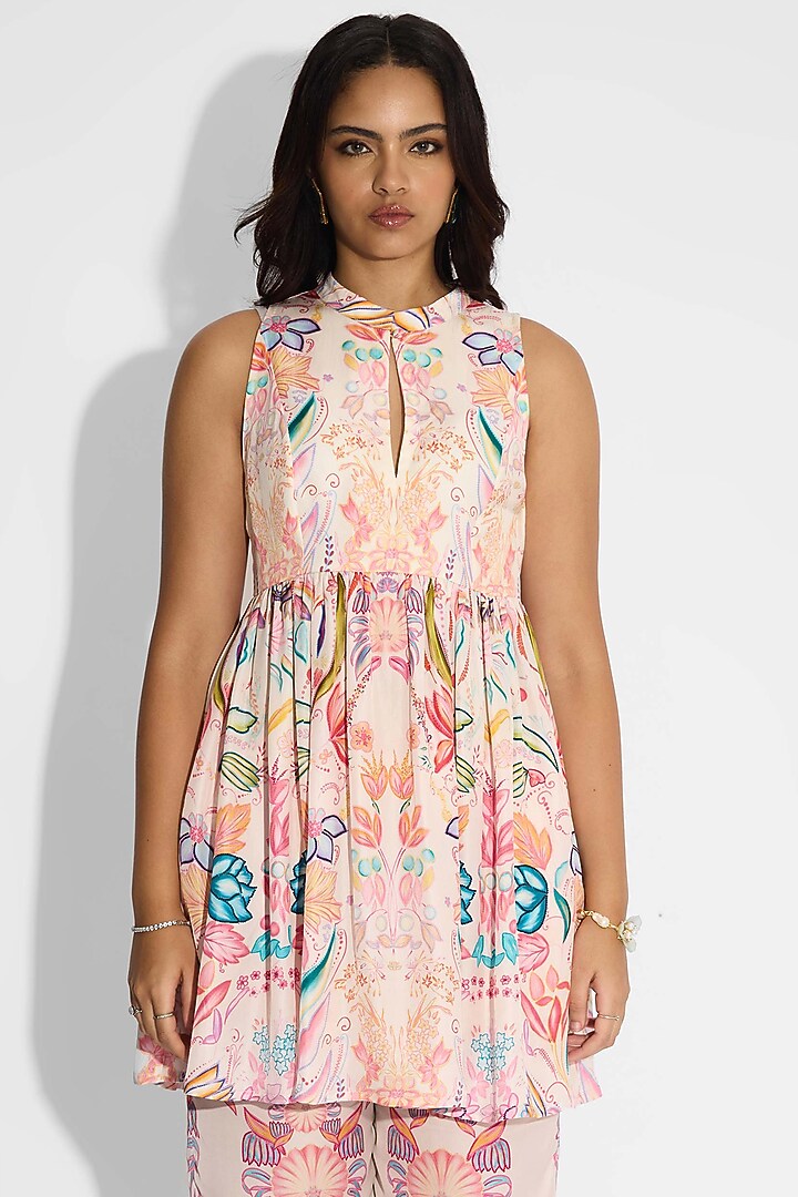 Pale Pink Bemberg Twill Floral Printed Co-Ord Set by Shasha Gaba at Pernia's Pop Up Shop