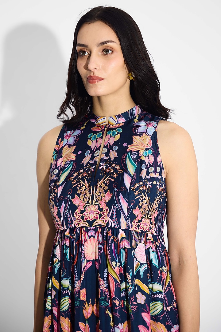 Obsidian Blue Bemberg Twill Floral Co-Ord Set by Shasha Gaba at Pernia's Pop Up Shop