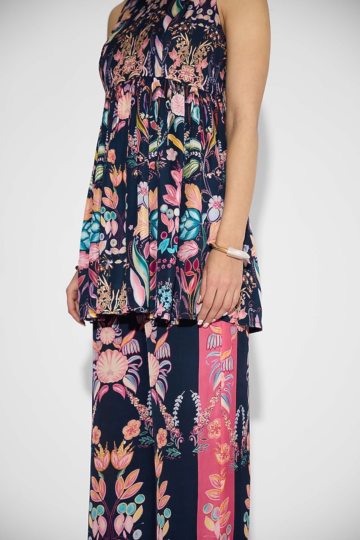 Obsidian Blue Bemberg Twill Floral Co-Ord Set by Shasha Gaba at Pernia's Pop Up Shop