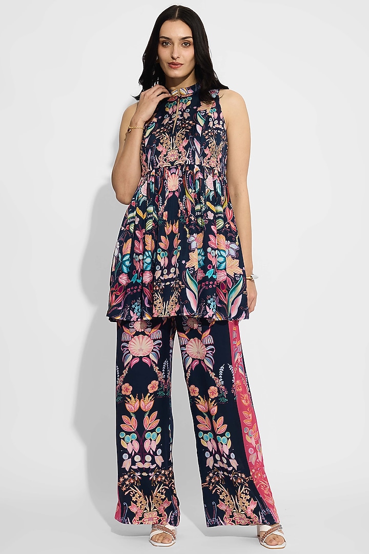 Obsidian Blue Bemberg Twill Floral Co-Ord Set by Shasha Gaba at Pernia's Pop Up Shop