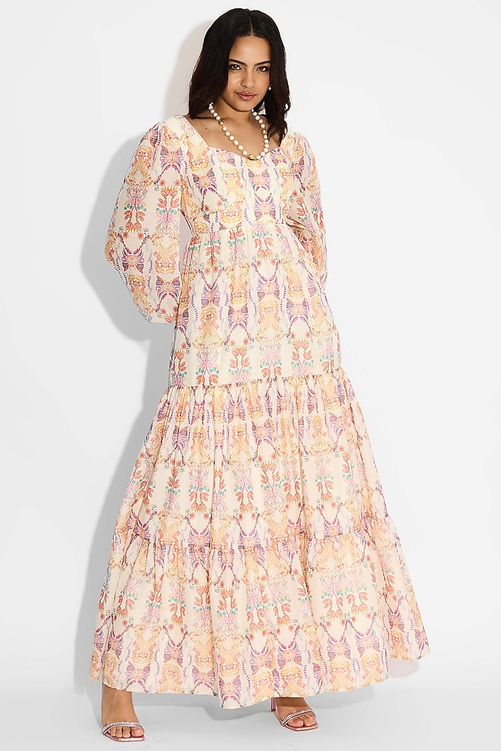 Ivory Poly Chanderi Floral Tiered Summer Dress by Shasha Gaba at Pernia's Pop Up Shop