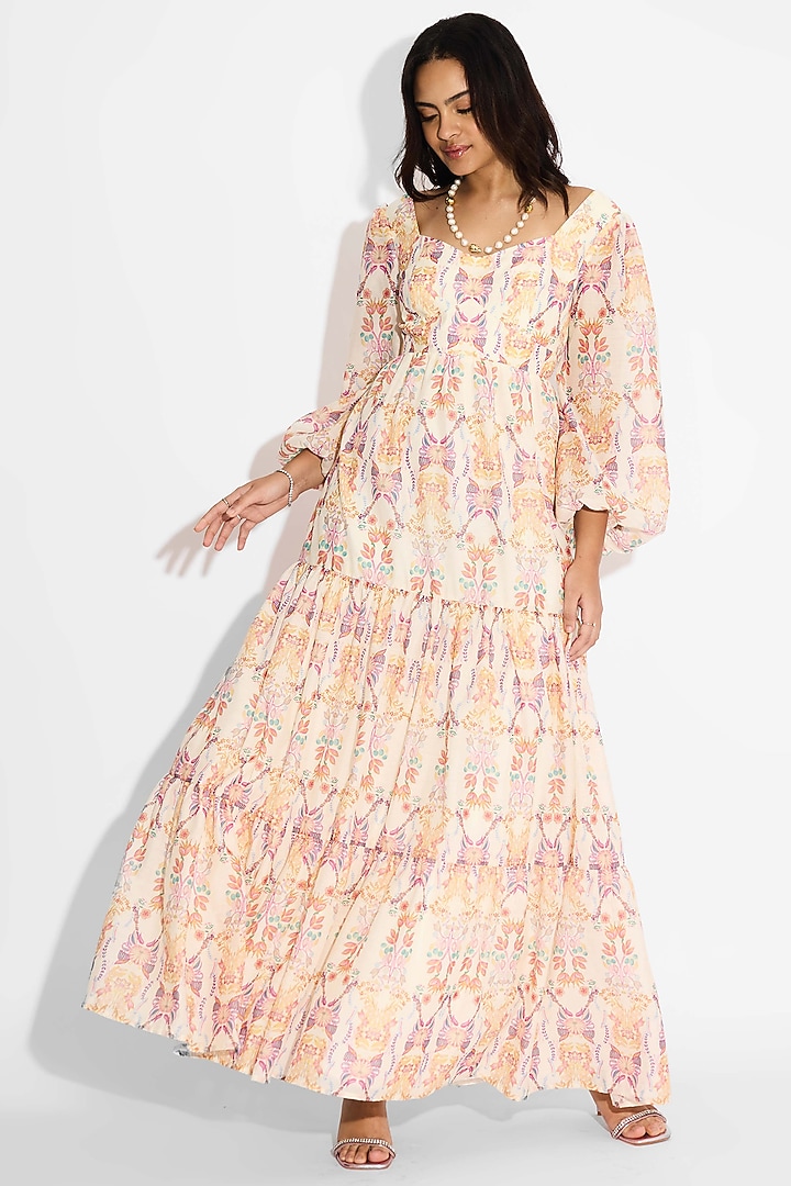 Ivory Poly Chanderi Floral Tiered Summer Dress by Shasha Gaba at Pernia's Pop Up Shop