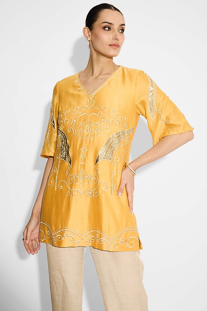 Yellow Poly Chanderi Short Kurta by Shasha Gaba at Pernia's Pop Up Shop