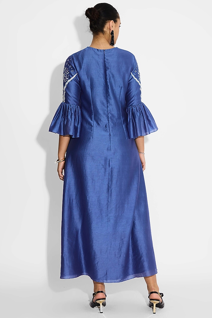 Indigo Blue Poly Chanderi Vacation Dress by Shasha Gaba at Pernia's Pop Up Shop