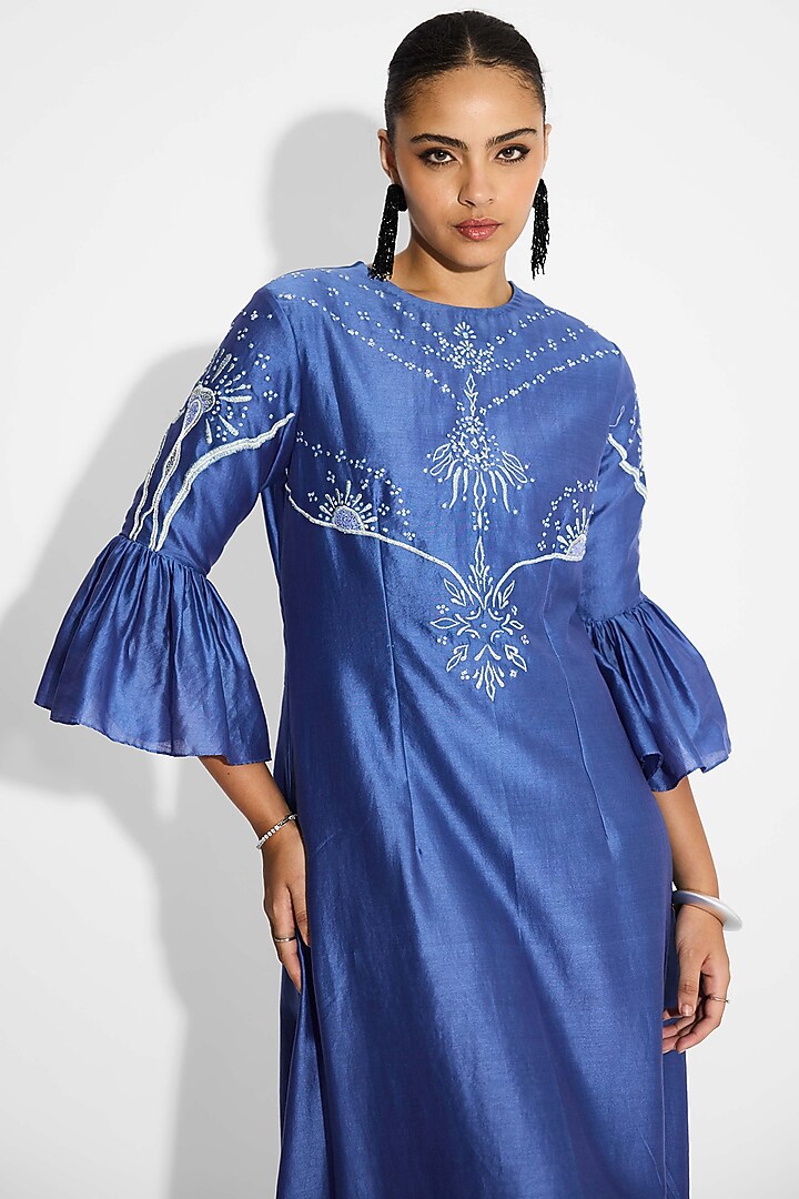 Indigo Blue Poly Chanderi Vacation Dress by Shasha Gaba at Pernia's Pop Up Shop