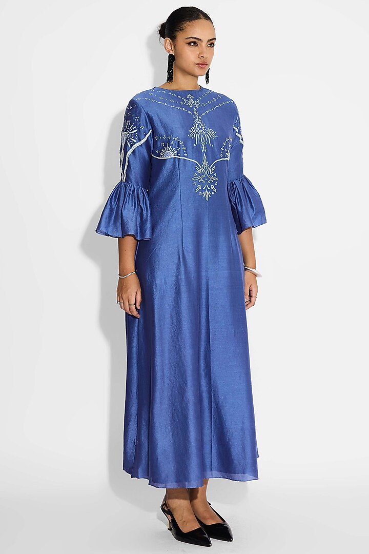 Indigo Blue Poly Chanderi Vacation Dress by Shasha Gaba at Pernia's Pop Up Shop