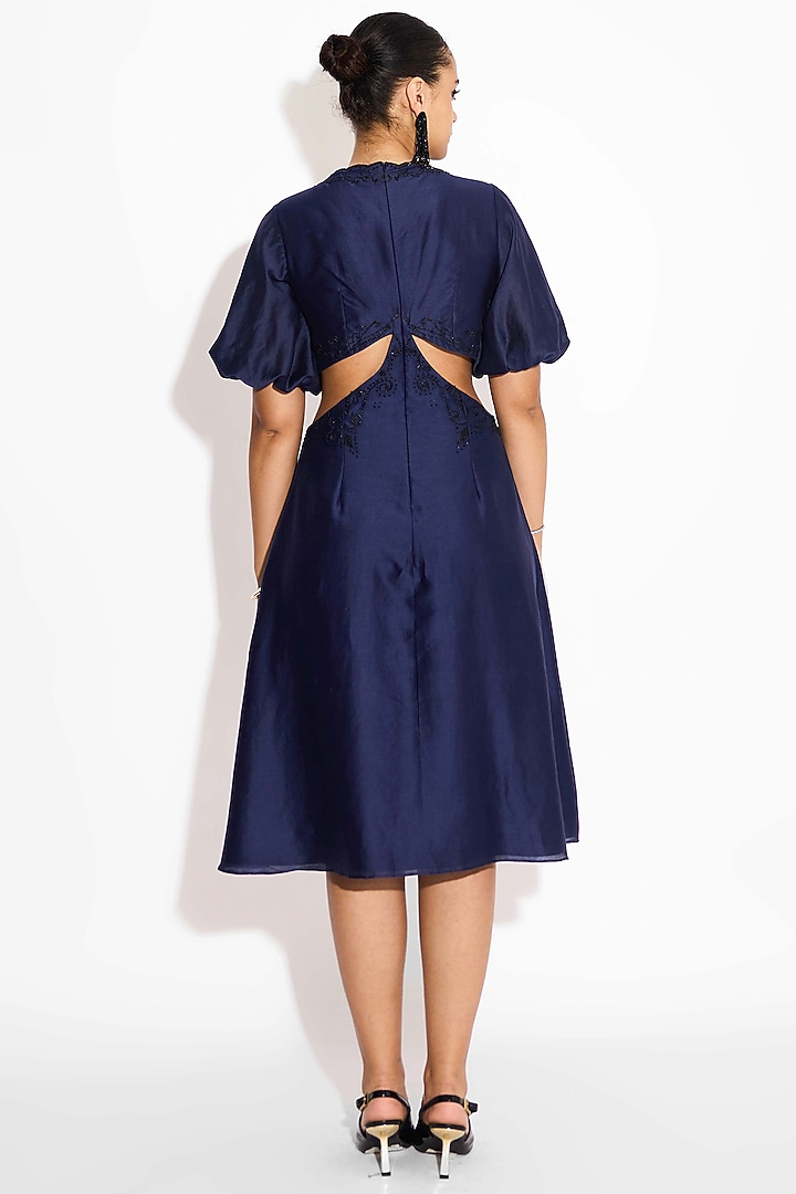 Navy Blue Poly Chanderi Embellished Cut-Out Vacation Dress by Shasha Gaba at Pernia's Pop Up Shop
