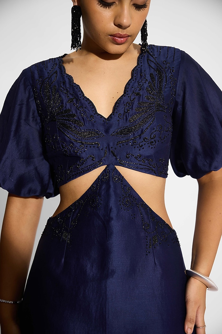 Navy Blue Poly Chanderi Embellished Cut-Out Vacation Dress by Shasha Gaba at Pernia's Pop Up Shop