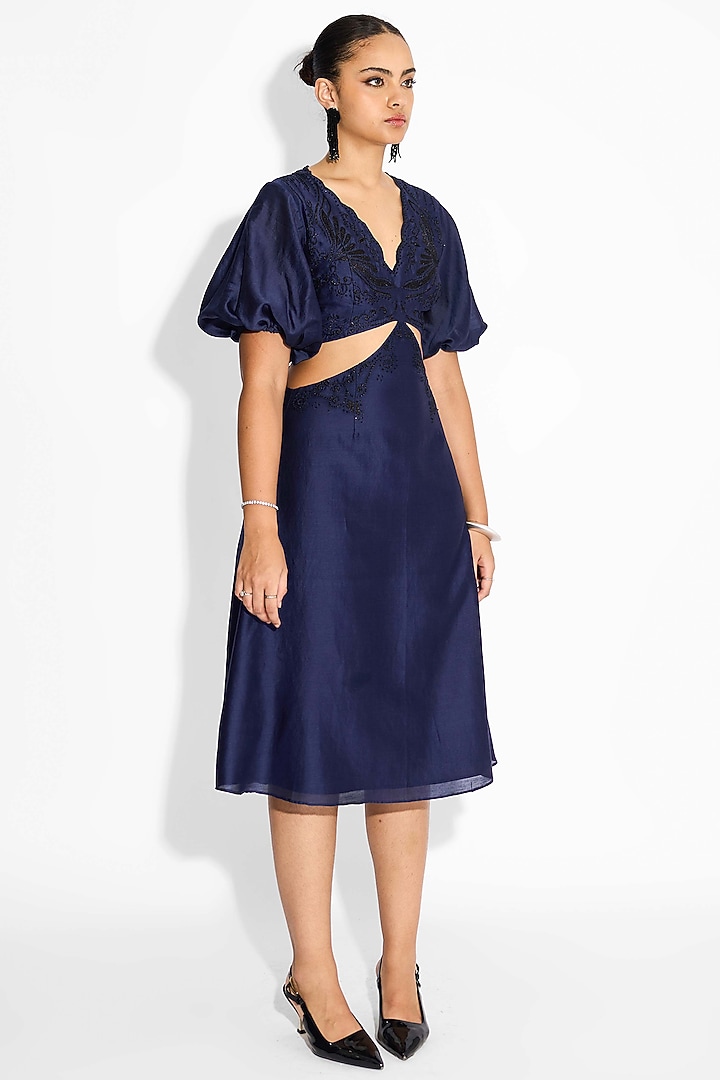 Navy Blue Poly Chanderi Embellished Cut-Out Vacation Dress by Shasha Gaba at Pernia's Pop Up Shop