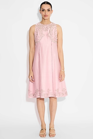 Pink Poly Chanderi Embellished Maxi Dress by Shasha Gaba