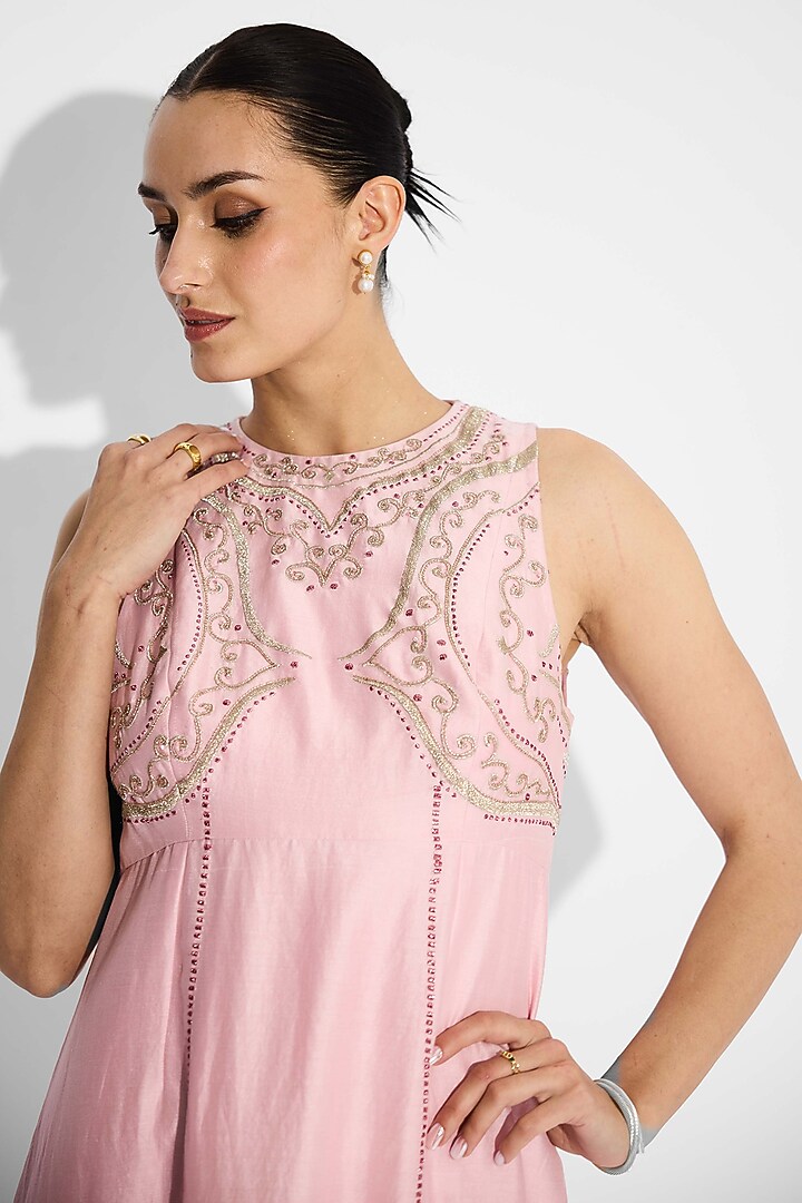 Pink Poly Chanderi Embellished Maxi Vacation Dress by Shasha Gaba at Pernia's Pop Up Shop
