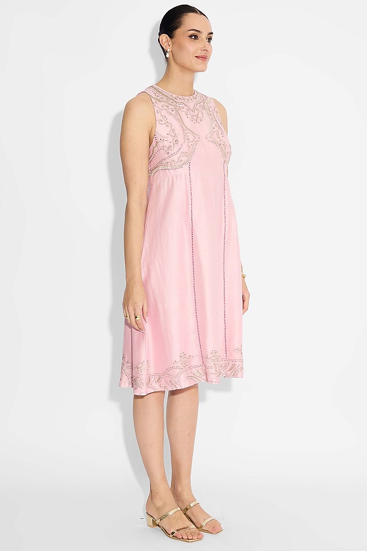 Pink Poly Chanderi Embellished Maxi Vacation Dress by Shasha Gaba at Pernia's Pop Up Shop