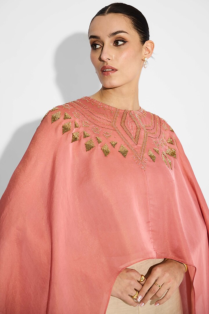 Sorbet Peach Tissue Satin Hand Embellished Cape by Shasha Gaba at Pernia's Pop Up Shop