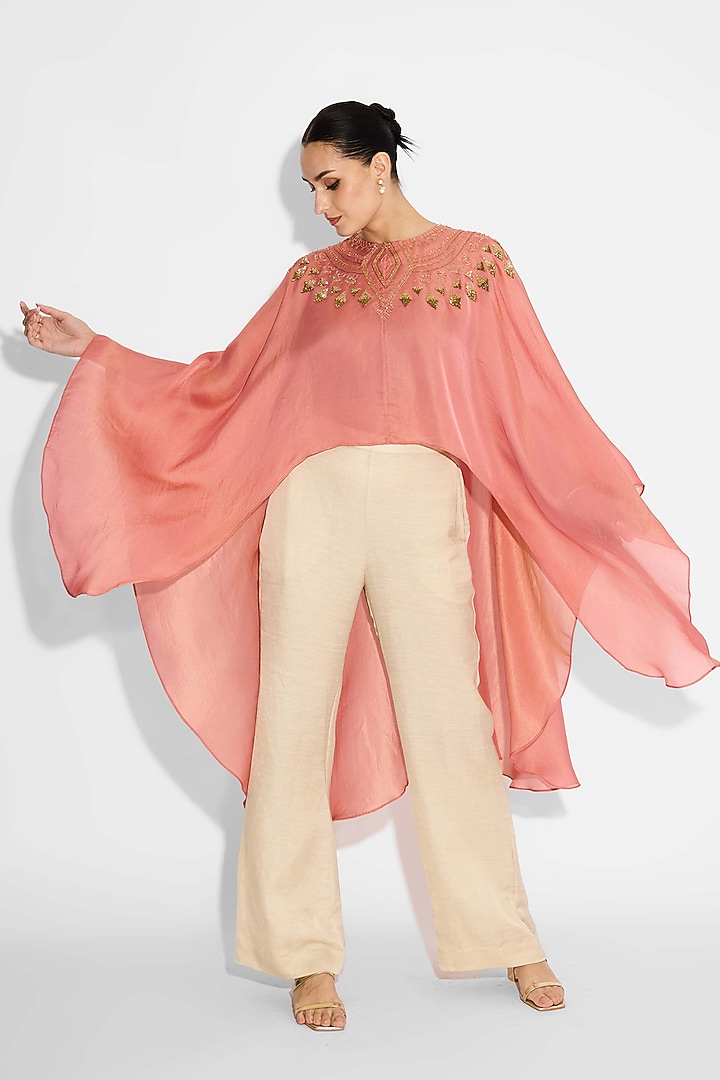 Sorbet Peach Tissue Satin Hand Embellished Cape by Shasha Gaba at Pernia's Pop Up Shop