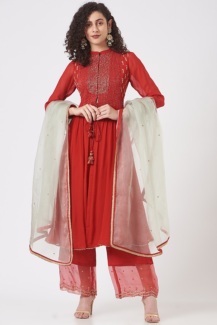 Red Embroidered Kurta Set by Shasha Gaba